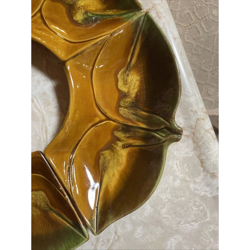 Vintage MCM ceramic lazy susan relish dish set leaf‎ or acorn green brown glaze